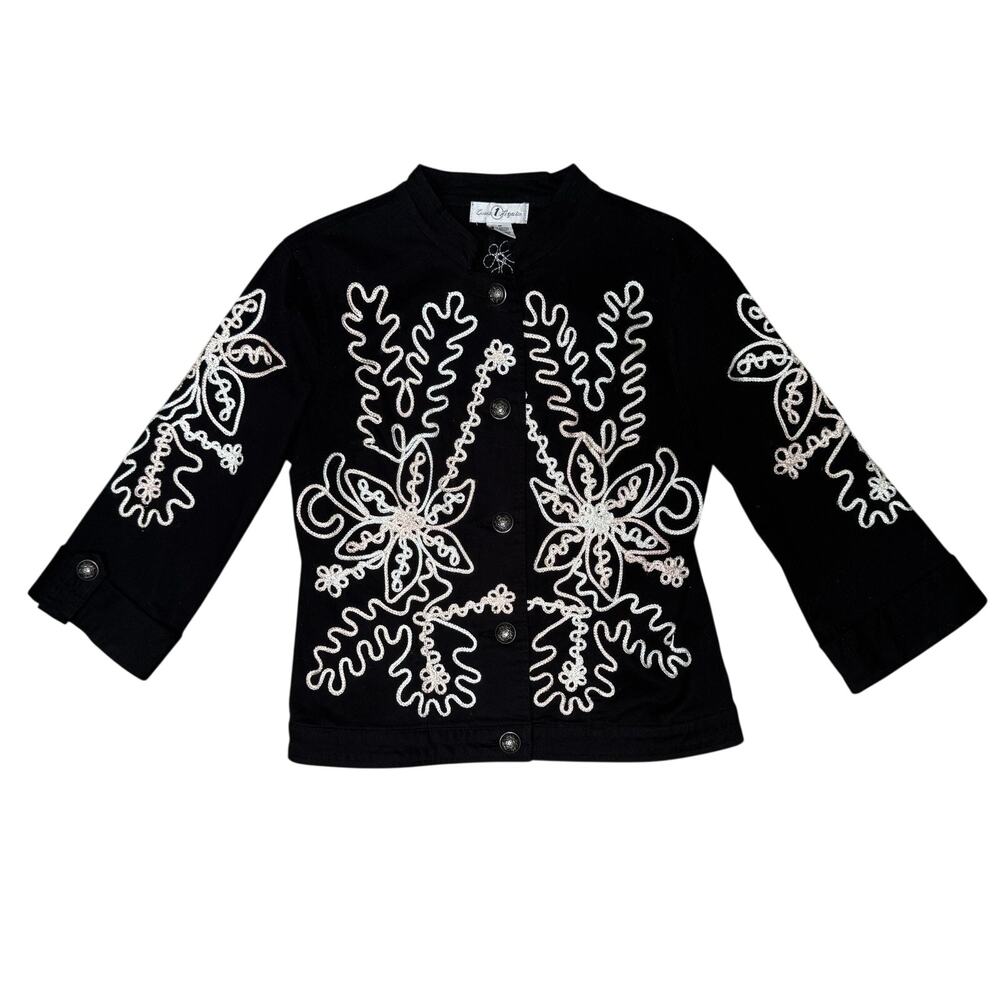 Once Again Floral Embroidery Cotton Jacket Size Medium Black